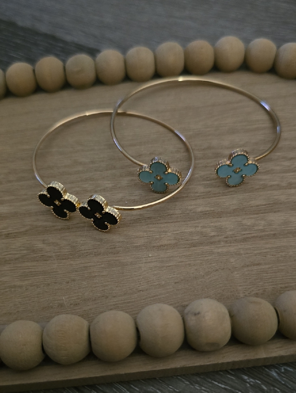 Gold Tone Women's Clover Bangle Bracelet - Black & Turquoise